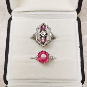 ATQ 14K WG rings w/ synth. rubies, quartz, diamond